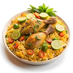 Plate of delicious chicken biryani, with leg pieces and vegetable slices on a white background