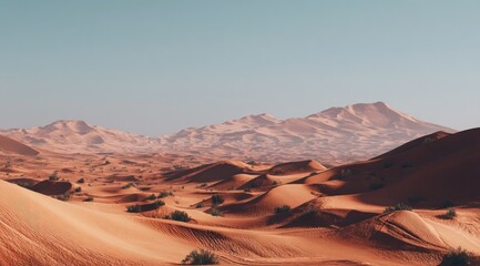 Naklejka premium Vast desert landscape with dunes and mountains (1)