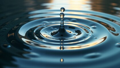 Close-up of a water droplet creating ripples on the surface of water
