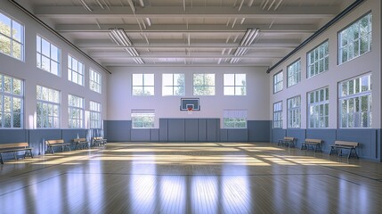 Fototapeta premium Empty school gym, sunlight, windows, hardwood floor, use for sports background, interior design