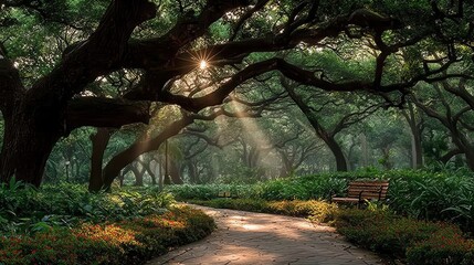 Obraz premium Serene Sunrise in Rainforest with Mist and Gentle Light Through Lush Greenery