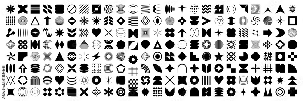 Poster set of graphic logo brutalist assets with grid, pattern and elements. vector modern shapes in retro 