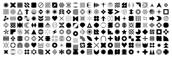 Set of graphic logo brutalist assets with grid, pattern and elements. Vector modern shapes in retro aesthetic. Isolated illustration for stickers, poster, collage, design template.