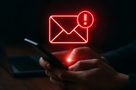 Email campaign alert concept. New email send notification for business e-mail communication. Digital marketing, internet technology. Inbox receives electronic message invite. Man touch on newsletter.