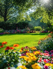 Obraz premium Vibrant garden scene with lush greenery and colorful flowers under a sunny sky