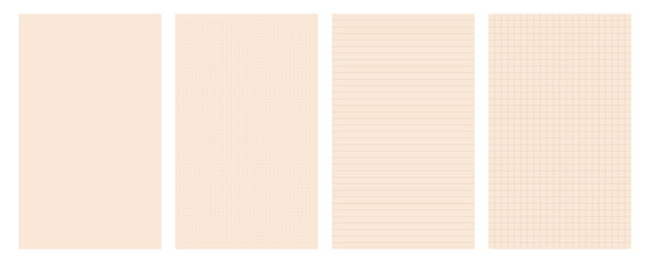 Set of beige notebook paper. Minimalist grid, dot, lined, blank planner page templates for planning, journaling. Neutral toned design notes.