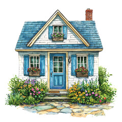 Obraz premium Charming cottage with blue shutters and flower boxes, surrounded by colorful garden flowers and lush greenery, creating cozy and inviting atmosphere