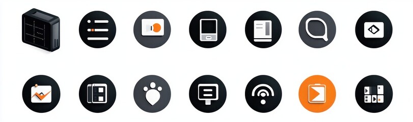 Collection of sixteen round and square digital icons with various symbols including graphs, documents, magnifying glass, paw print, chat bubble, and wireless signal on white background