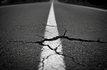 Cracked asphalt road, white center line