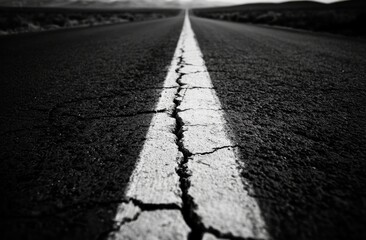 Empty asphalt road, white line, cracked surface