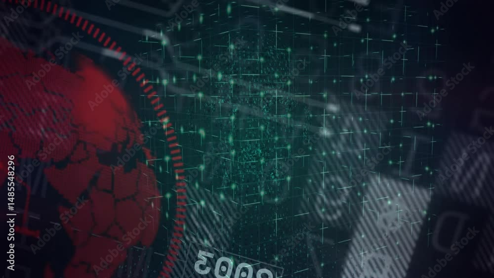 Fototapete Interface animating red globe, streaming binary code over grid nodes with display 5000 in 3D render