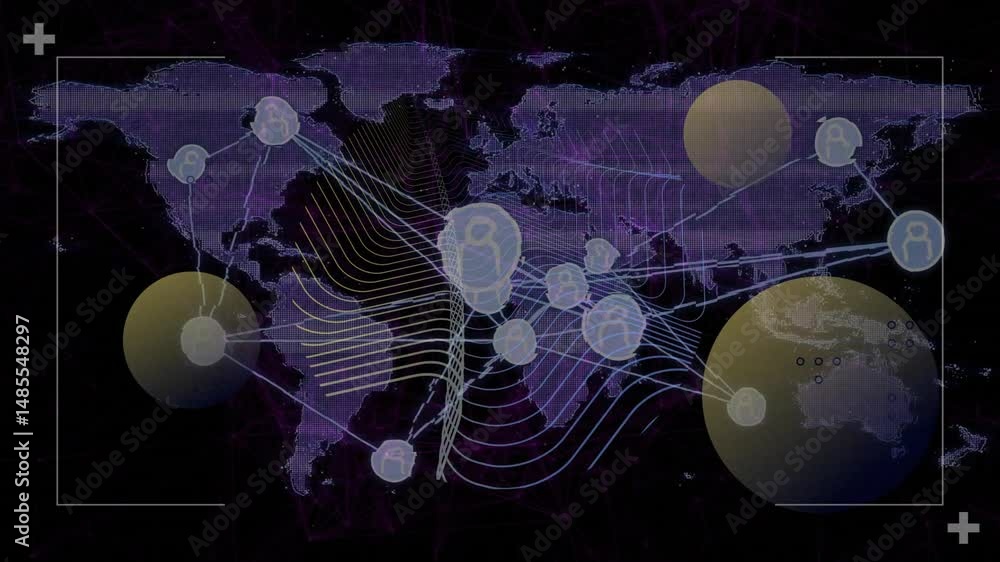 Poster global network visualization pulsing on dark interface, connecting purple map dots with blue lines