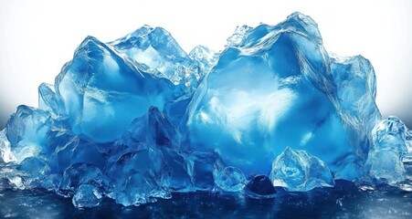 Fototapeta premium Close-up view of multiple irregular blue ice chunks with smooth and jagged surfaces under bright lighting