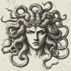 Detailed monochrome drawing of a stern-faced woman with hair made of intertwined snakes, evoking a powerful and intense mythical presence