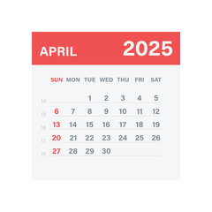 Monthly Calendar for April 2025. Red Theme on Transparent Background