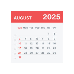 Monthly Calendar for August 2025. Red Theme on Transparent Background
