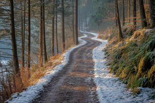 A snowy path winds through a winter forest.
