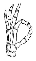 The skeleton's bony hand shows an OK sign on a transparent PNG background. Painted skeleton hand. Bones in fingers isolated illustration
