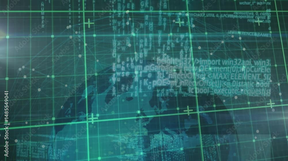 Poster digital earth globe being visualized, showing teal grid with green data labels and node diagrams