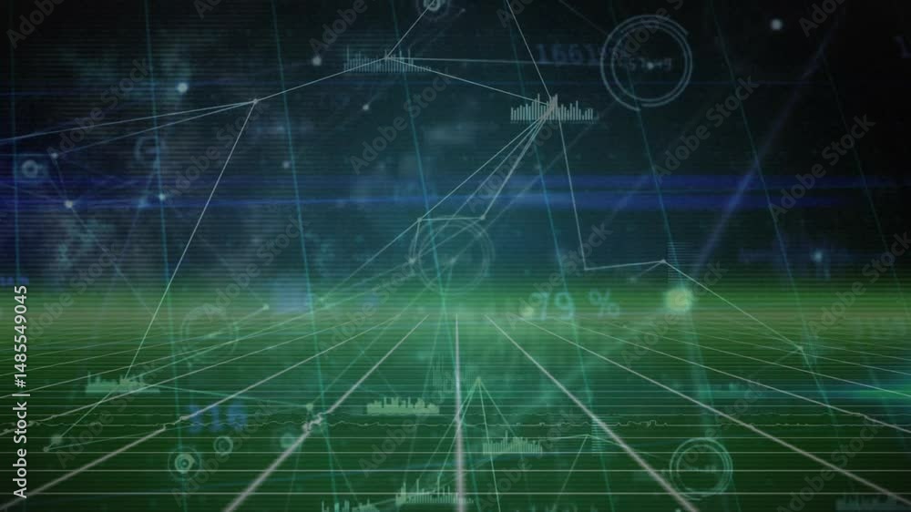 Poster digital landscape being animated with glowing grid receding, network nodes connecting data charts
