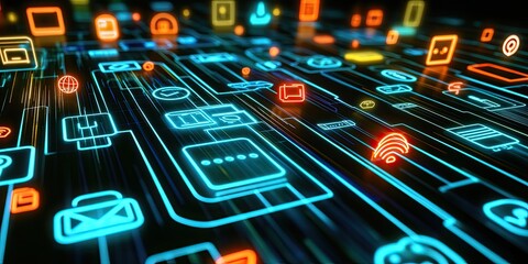 Intricate network of digital communication and technology icons