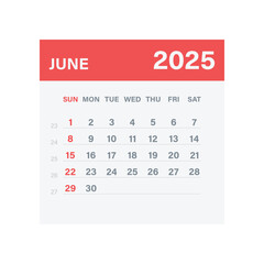 Monthly Calendar for June 2025. Red Theme on Transparent Background