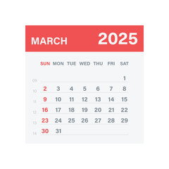 Monthly Calendar for March 2025. Red Theme on Transparent Background