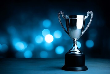 Shining Silver Trophy Award Success Achievement Victory Prize Blue Background