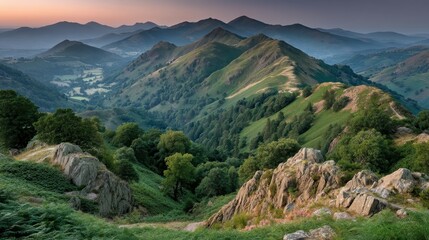 Naklejka premium Golden Hour Atmosphere Over Rugged Highlands Captivating Soft Sunlight Scene