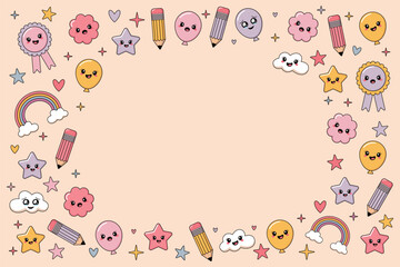 Kawaii school themed border with stars and clouds. Cute cartoon frame with pencils balloons and rainbows. Adorable kawaii background with happy doodles. Smiling stars and clouds frame for kids design