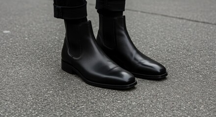 Black Leather Chelsea Boots on Asphalt Pavement