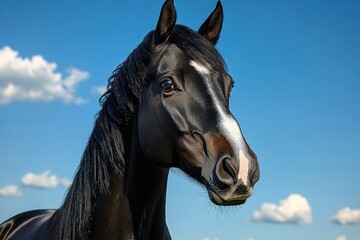 Close-up of a glossy black horse with a white blaze on its face against a bright blue sky with scattered clouds, conveying calmness and alertness