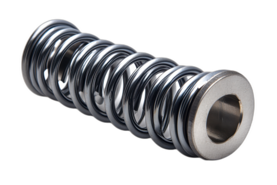 Stainless steel spring with metal end, isolated on transparent background.