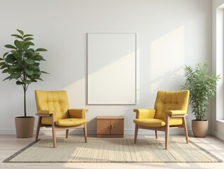 Mid-century furniture with asymmetric layout and copy space on wall.