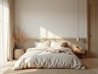 Cozy Japandi-style bedroom with minimalist bed, textile accents, and empty wall above the headboard for copy space.
