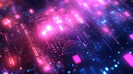 Fototapeta premium Close-up of a futuristic illuminated circuit board with glowing pink and blue lights creating a vibrant, high-tech atmosphere