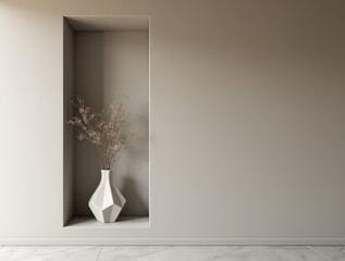 Minimalist entryway with built-in wall niche and designer vase. Copy space on the right part of the image. Matte textures.