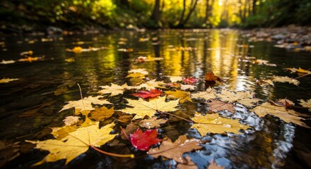 Autumn Leaves Floating on Calm Stream in Forest