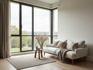 Corner lounge with a large window view, sofa with pillows, neutral wall next to it — perfect empty space.

