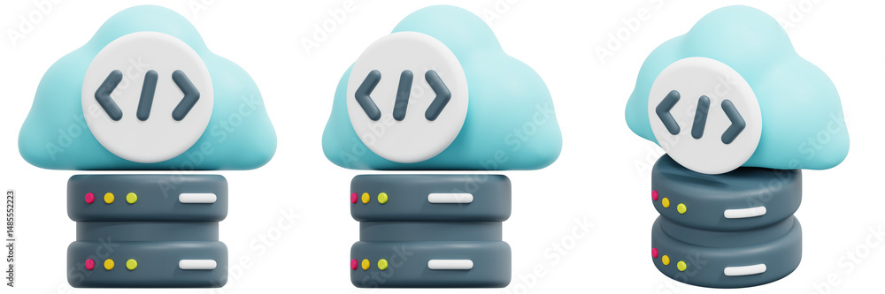 Poster set of 3d renderings of pastel blue cloud servers with code symbol 3d render icon illustration