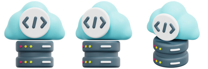 Set of 3D Renderings of Pastel Blue Cloud Servers with Code Symbol 3d Render Icon Illustration