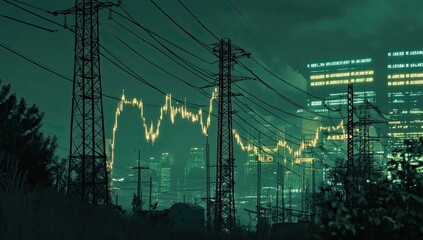 Urban electricity grid at night with fluctuating market trends.  A digital art piece depicting power lines stretching across a cityscape at night.  Chart line representing market trends
