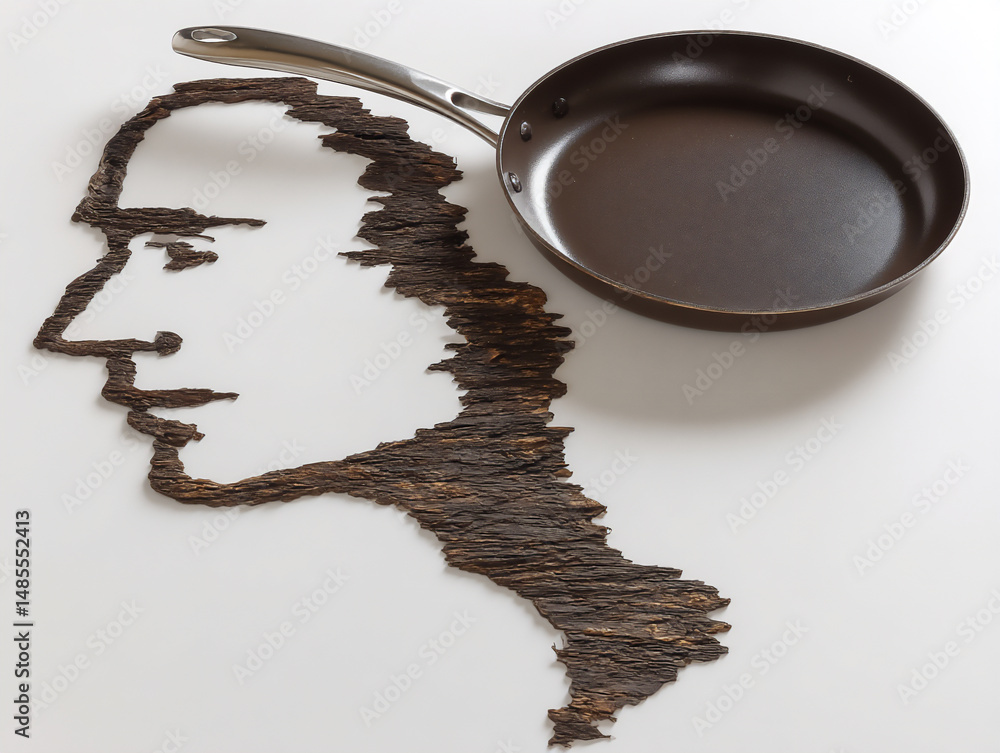Poster a conceptual photograph showing the same brown frying pan casting a shadow that resembles a superher