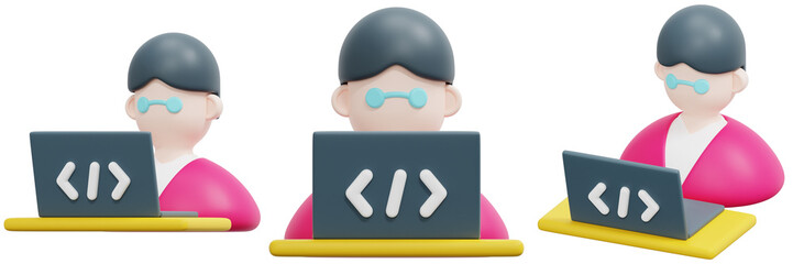 Set of a Programmer Working on a Laptop 3d Render Icon Illustration
