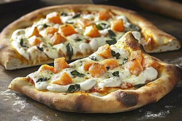 A sliced pizza with salmon and cream cheese topping