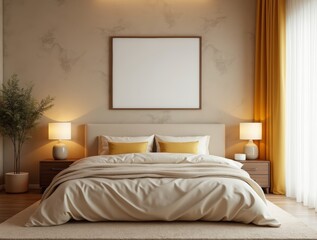 Guest bedroom with a textured wall, bed with soft headboard, sandy beige palette with saffron accents, copy space on the wall.