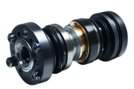 Close up of a black and gold crank with intricate detailing and smooth edges isolated on transparent background.