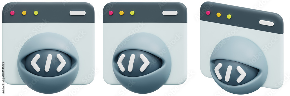 Poster set of 3d rendered browser icons featuring a stylized eye with code 3d render icon illustration