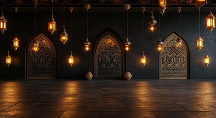 Dark, ornate,  and  illuminated interior