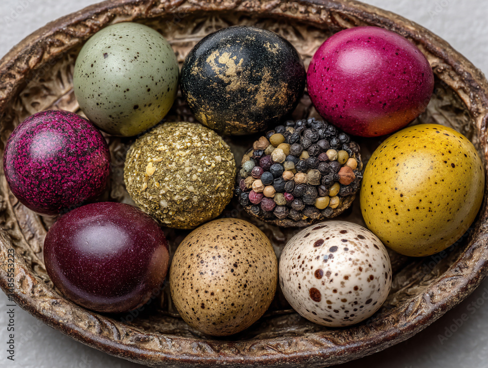 Poster a visually appealing plate of pickled eggs in a jar with colorful brine and spices.
